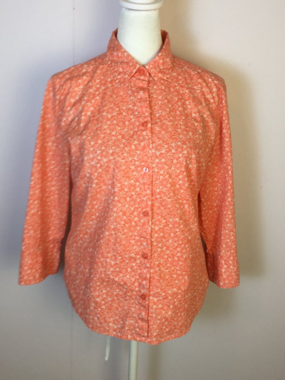 Eddie Bauer Button Down Shirt Sz S Womans Orange White Floral 3/4 Sleeve Stretch